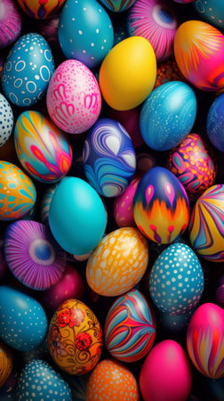 Various colorful Easter eggs with unique patterns, set against a dark background. Top view. Copy space. Suitable for Easter celebration content and design projects. Vertical formatの素材