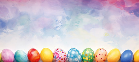 Watercolor illustration of colored Easter eggs arranged at bottom on aquarelle background. Ideal for springtime promotions, holiday greeting cards, seasonal event announcements. Banner with copy spaceの素材