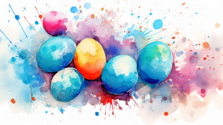 Vibrant watercolor Easter eggs with vivid splashes of colors on aquarelle background. Ideal for springtime promotions, holiday greeting cards, and seasonal event announcements. Illustrationの素材