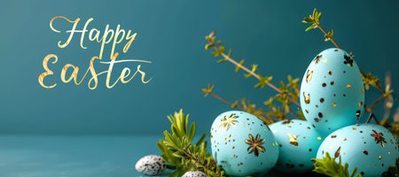 Easter themed banner with colored blue eggs with gold ornaments and Happy Easter text. On blue background. Suitable for greeting cards or holiday marketing.の素材