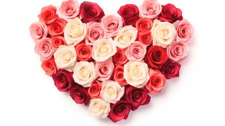 Floral Heart. Pink, red and white roses arranged in heart shape on white background. Ideal for Valentines Day, anniversaries, or romantic occasions.の素材