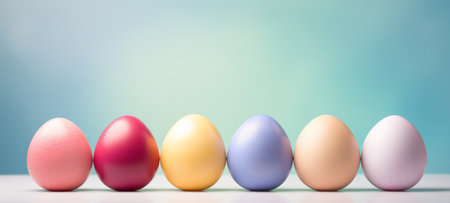 Row of colored Easter eggs against a blue background. Big Banner with copy space. Ideal for Easter promotion, spring event, holiday greeting, advertisement, festive content.の素材