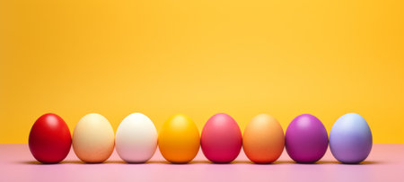Row of Easter painted colorful eggs against a yellow background. Big Banner with copy space. Ideal for Easter promotion, spring event, holiday greeting, advertisement, festive content.の素材