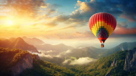 Colorful Hot air balloon floating over lush landscape during sunset. Ideal for nature, adventure, and travel themes. Banner with copy space.の素材