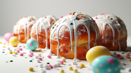 Freshly baked Easter cakes, Kuliches, with white glaze and colorful sprinkles, surrounded by colored eggs. Traditional Russian Easter cupcakes. Festive bread. Ideal for Celebratory eventsの素材
