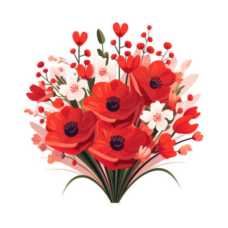 Colorful Bouquet of Mixed Flowers in red pink colors. Flat style icon illustration. Isolated on white background. Ideal for greeting cards, decoration, print media, event invitations or postersの素材