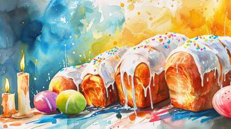 Watercolor illustration of Easter cakes, Kuliches, with white glaze and colorful sprinkles, surrounded by lit candles and colored eggs. Traditional Russian Easter cupcakes. Festive bread. Aquarelleの素材