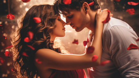 Couple in a tender embrace surrounded by falling red rose petals. Romantic moment. Ideal as a postcard for Valentines Day, wedding, anniversary, or love story themes. Concept of passion and tendernessの素材