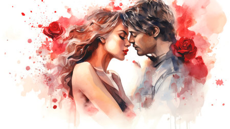 Watercolor illustration of couple in a tender embrace surrounded by falling red rose petals. Romantic moment. Ideal as a postcard for Valentines Day, wedding, or love story themesの素材