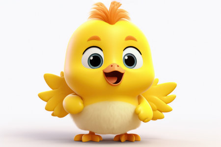 Funny cartoon little chick character. Happy yellow bird. Isolated on white background. Ideal for childrens illustration, Easter greeting, postcard, scrapbookingの素材