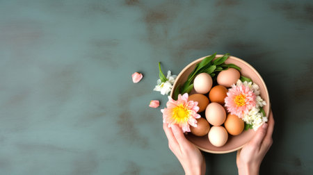 Hands holding a bowl of natural-colored eggs amidst spring flowers on green background. Banner with copy space. Top view. Suitable for Easter content, spring-themed designs, and cooking publications.の素材