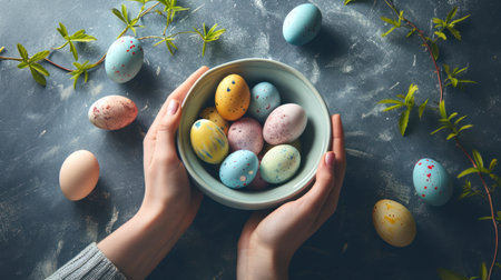 Hands holding bowl with colorful painted Easter eggs, against a dark textured background with with green branches. Top view. For Easter promotions or spring-themed culinary content.の素材