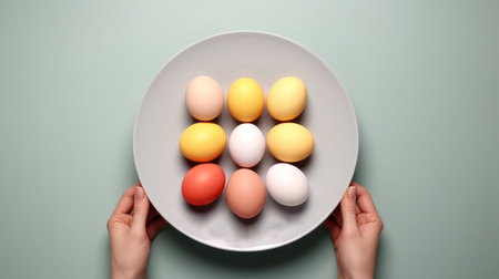 A pair of hands presenting a plate with a collection of pastel-colored eggs on a teal background. Ideal for culinary websites, springtime promotional materials, or Easter holiday recipes.の素材
