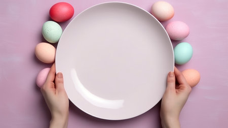 Two hands hold empty pale pink plate on soft pink background surrounded by pastel colored Easter eggs. Top view. Mockup. Copy space. Useful for spring-themed visuals and Easter marketing.の素材