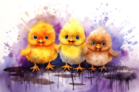 Watercolor illustration of three happy cartoon chicks on the background of pastel paint splashes and stains. Funny birds. Ideal for Easter greeting cards, childrens books, banners, postersの素材