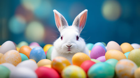 A white rabbit surrounded by colorful Easter eggs. Perfect for Easter celebrations and seasonal marketing. Festive bunnyの素材