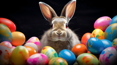 Easter bunny surrounded by many colorful brightly painted eggs. Festive Rabbit. For greeting card, invitation, postcard, poster, web design. Ideal for Easter celebrations. Dark backdropの素材