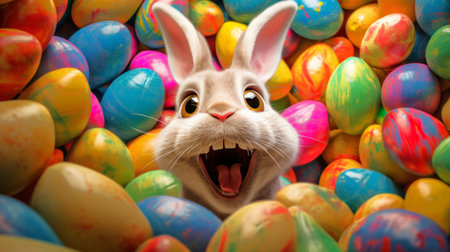 Cheerful Easter bunny surrounded by many colorful brightly painted eggs. Festive Rabbit. For greeting card, invitation, postcard, poster, web design. Ideal for Easter celebrations.の素材