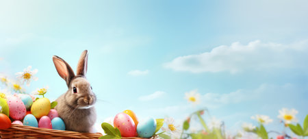 Rabbit surrounded by colorful Easter eggs. Festive bunny. Banner with copy space. For greeting card, invitation. postcard, poster, web design. Ideal for Easter celebrations. Blue backgroundの素材