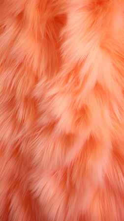 Trendy vibrant Peach fur texture. Fashionable color. Dyed animal fur. Concept of Softness, Comfort and Luxury. Can be used as Background, Fashion, Textile, Interior Design. Fluffy backdrop. Verticalの素材
