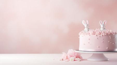 Elegant Cake with Decorative sugar rabbit figurines, Perfect for Birthdays or Weddings, on a Rose-Adorned Surface. Banner with copy space.の素材
