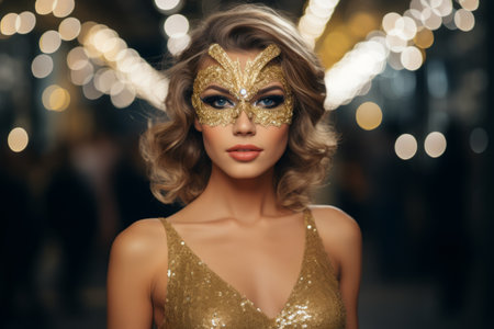 Young glamorous blonde woman with bright makeup in a masquerade mask and golden sequin dress on a sparkling background. Concept for masquerade, holiday, corporate party and nightlifeの素材