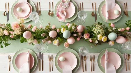 Pastel Easter table setup with eggs and spring flowers. Top view, Pink and green colors. Festive dinnerの素材