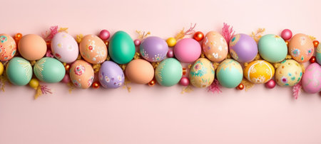Variety of hand-painted Easter eggs lie in a row, decorated with intricate patterns and vivid colors. On pink background. With copy space. Ideal for seasonal advertising and craft blogs.の素材