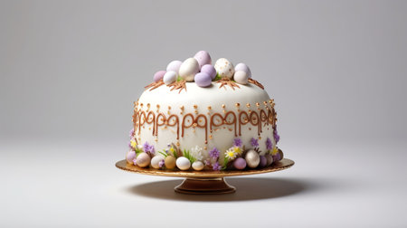 Easter celebration cake adorned with colorful eggs on a light background. Can be used in Seasonal pastry promotions, food blogs.の素材
