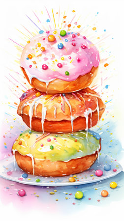 Watercolor illustration of Easter Kulich cakes with white icing and colorful sprinkles. With lit candles. Traditional Russian festive Easter cupcakes. With aquarelle splashes and stains. Verticalの素材