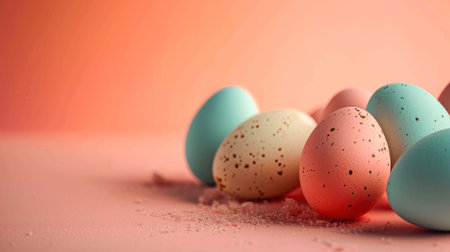 Festive Easter Eggs painted in different colors against a soft peach backdrop. Banner with copy space. Ideal for Easter themes, spring celebrations, and decorative purposes.の素材