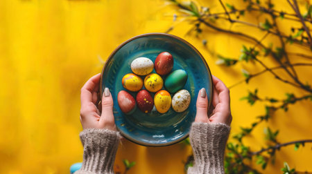 Colorful assortment of Easter eggs in a blue-green dish, cradled by hands with a bright yellow floral backdrop. Top view. Perfect for holiday-themed advertisements, DIY tutorials, festive blog posts.の素材