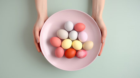 Two hands holding a pink plate filled with colored Easter eggs on a soft green background. Top view. Suitable for Easter event promotions and seasonal decor themes.の素材