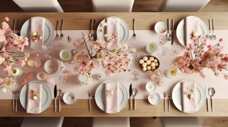 Pastel Easter table setup with eggs and spring flowers. Top view. Pink colors. Festive dinnerの素材