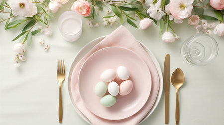 A table setting for Easter with pastel-colored eggs on a pink plate, flanked by golden cutlery and fresh spring flowers. Ideal for spring and Easter-themed dining articles.の素材