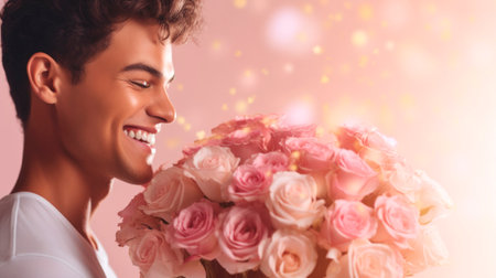 Young handsome man holds a bouquet of pink roses on blurred background with a bokeh. Banner with copy space. Perfect for greeting cards or Valentines Day promotions, symbolizing love and affection.の素材