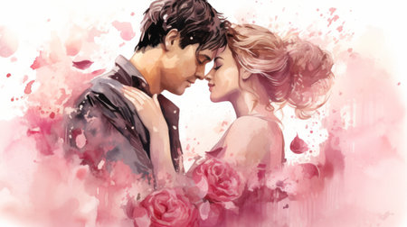 Watercolor illustration of a couple in a tender embrace surrounded by falling pink rose petals. Romantic moment. Ideal as postcard for Valentines Day, wedding, or love story themesの素材