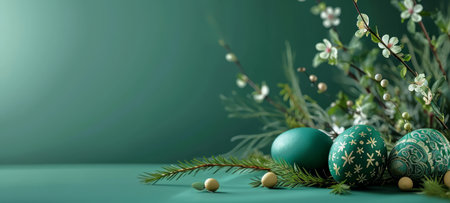 Easter composition with decorated eggs in shades of green with gold patterns in a wicker basket on a teal backdrop. Banner with copy space. Suitable for spring themes and holiday promotions.の素材
