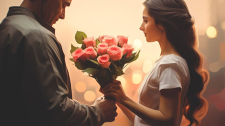Oil painting illustration. Young man in love gives woman a bouquet of flowers. Happy couple. Romantic moment. Ideal for love, relationships, and Valentines celebrations.の素材