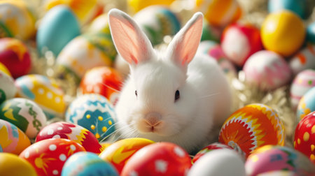 White Easter bunny surrounded by many colorful brightly painted eggs. Festive Rabbit. For greeting card, invitation, postcard, poster, web design. Ideal for Easter celebrations. Backdropの素材