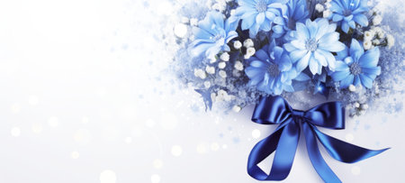 Elegant bouquet of blue flowers wrapped in a shiny blue satin ribbon. Banner with copy space. Ideal for poster, greeting card, event invitation, promotion, advertising, print, elegant design.の素材