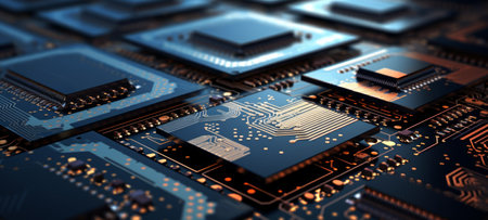 Next Generation Chips close up. Circuit board, processor. Computer chip, semiconductor, data abstraction, printed circuit board. Electronic board. Ideal for use in computer engineering presentations.の素材