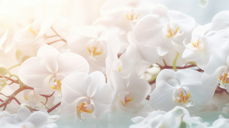 White orchids bouquet on light background. Perfect for poster, greeting card, event invitation, promotion, advertising, print, elegant designの素材