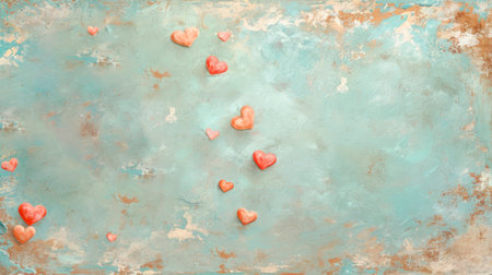 Textured turquoise background with hearts in different sizes and colors. With copy space. Illustration in the style of oil painting. Ideal for designs related to love, relationships, or Valentines Day.の素材
