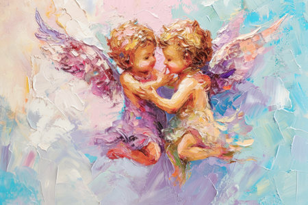 Ancient fresco. Two small angels with wings are depicted in an embrace, with textured brushstrokes. Illustration in the style of oil painting.の素材