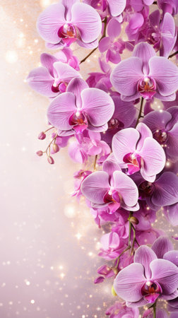 Purple pink orchids bouquet on light background with glitter and bokeh. Banner with copy space. Perfect for poster, greeting card, event invitation, promotion, advertising, elegant design. Verticalの素材
