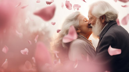 Affectionate elderly couple shares heartfelt kiss amidst soft background of rose petals, evoking everlasting love. Ideal for greeting cards and sentimental themes. Valentines day.の素材