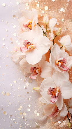 Peach white orchids bouquet on light background with glitter and bokeh. Banner with copy space. Perfect for poster, greeting card, event invitation, promotion, advertising, elegant design. Verticalの素材