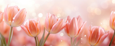 Peach pink tulips bouquet on light background with bokeh. Banner with copy space. Perfect for poster, greeting card, event invitation, promotion, advertising, print, elegant design.の素材