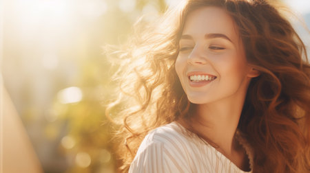 Beautiful Caucasian woman with natural makeup in the sunlight. Happy lady enjoying the sun. Banner with copy space. Ideal for beauty, wellness, lifestyle campaigns or hair care advertisements.の素材
